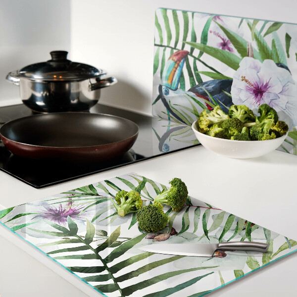 Tocător din sticlă Motiv tropical cu păsări și plante