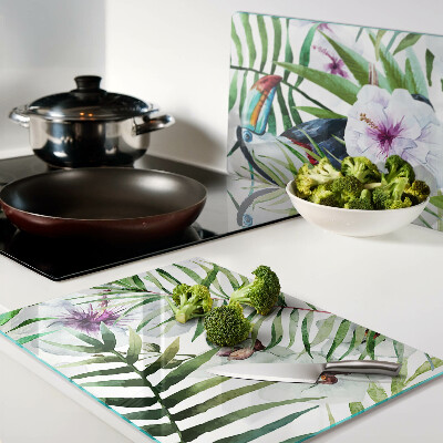 Tocător din sticlă Motiv tropical cu păsări și plante