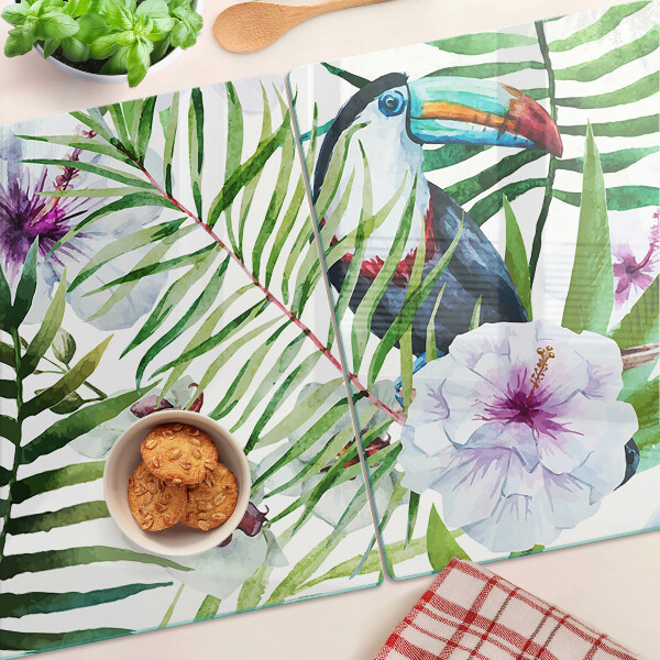 Tocător din sticlă Motiv tropical cu păsări și plante