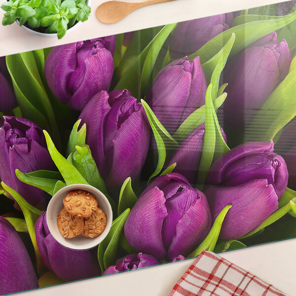 Tocător sticlă Lalele mov cu frunze verzi