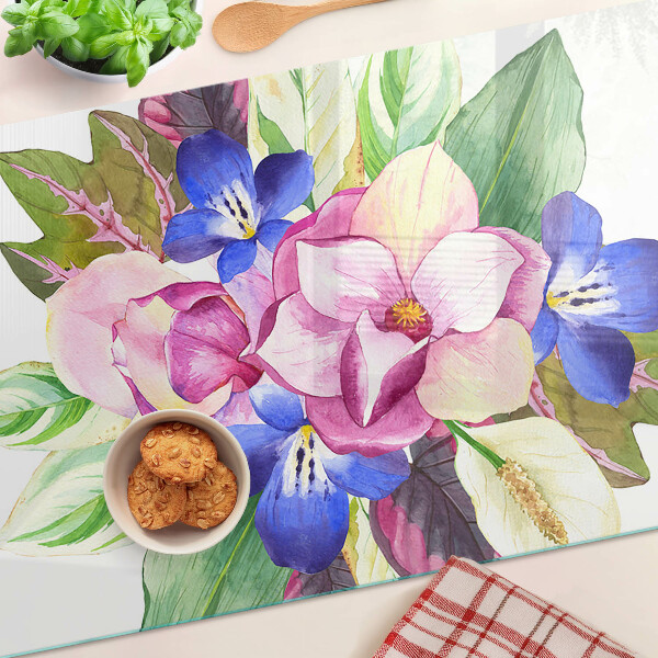 Tocător sticlă Model floral cu flori roz și albastre