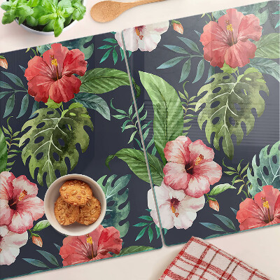 Tocător din sticlă Flori tropicale cu frunze