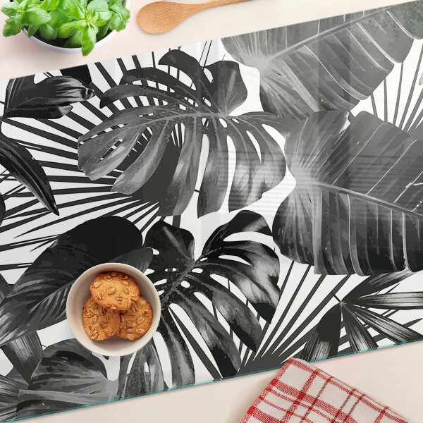 Tocător din sticlă Frunze tropicale în alb și negru