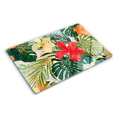 Tocător din sticlă Flori și frunze tropicale