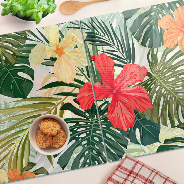 Tocător din sticlă Flori și frunze tropicale