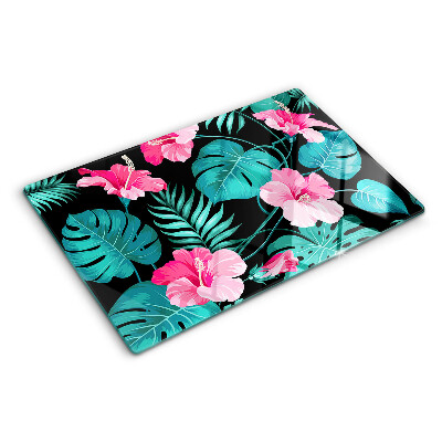 Tocător din sticlă Flori și frunze tropicale
