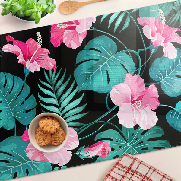 Tocător din sticlă Flori și frunze tropicale