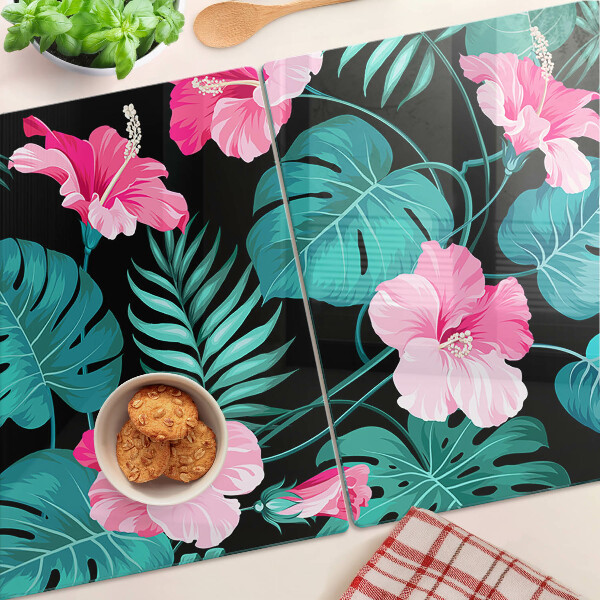 Tocător din sticlă Flori și frunze tropicale