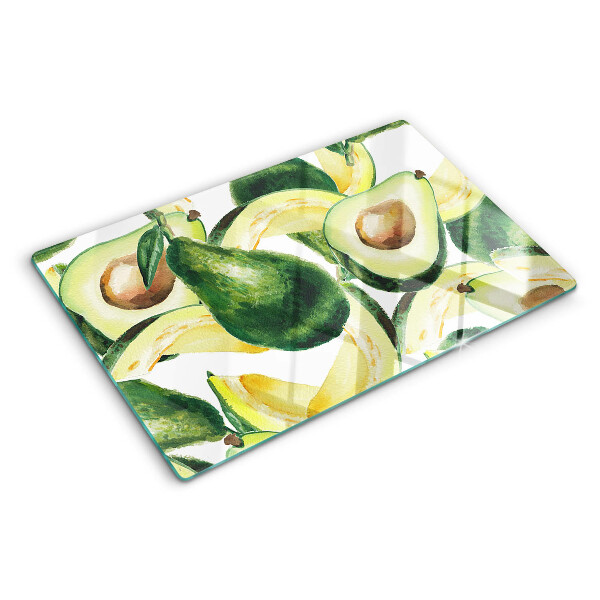 Tocător din sticlă Avocado cu frunze în fundal