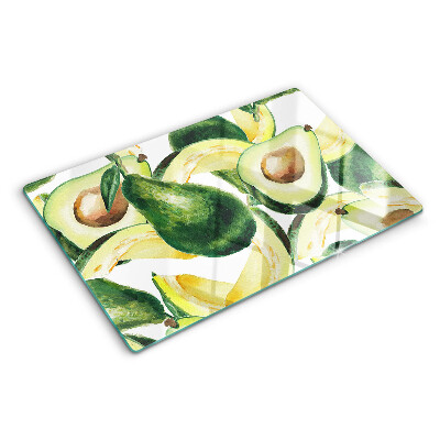 Tocător din sticlă Avocado cu frunze în fundal
