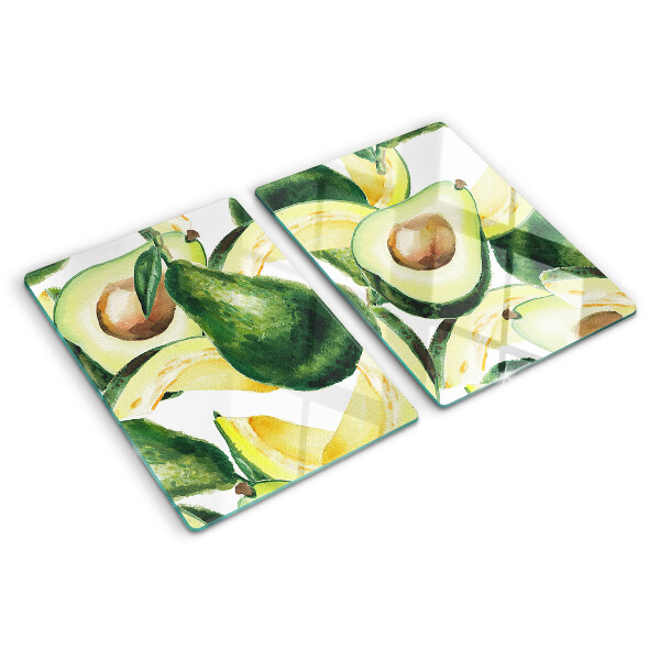Tocător din sticlă Avocado cu frunze în fundal