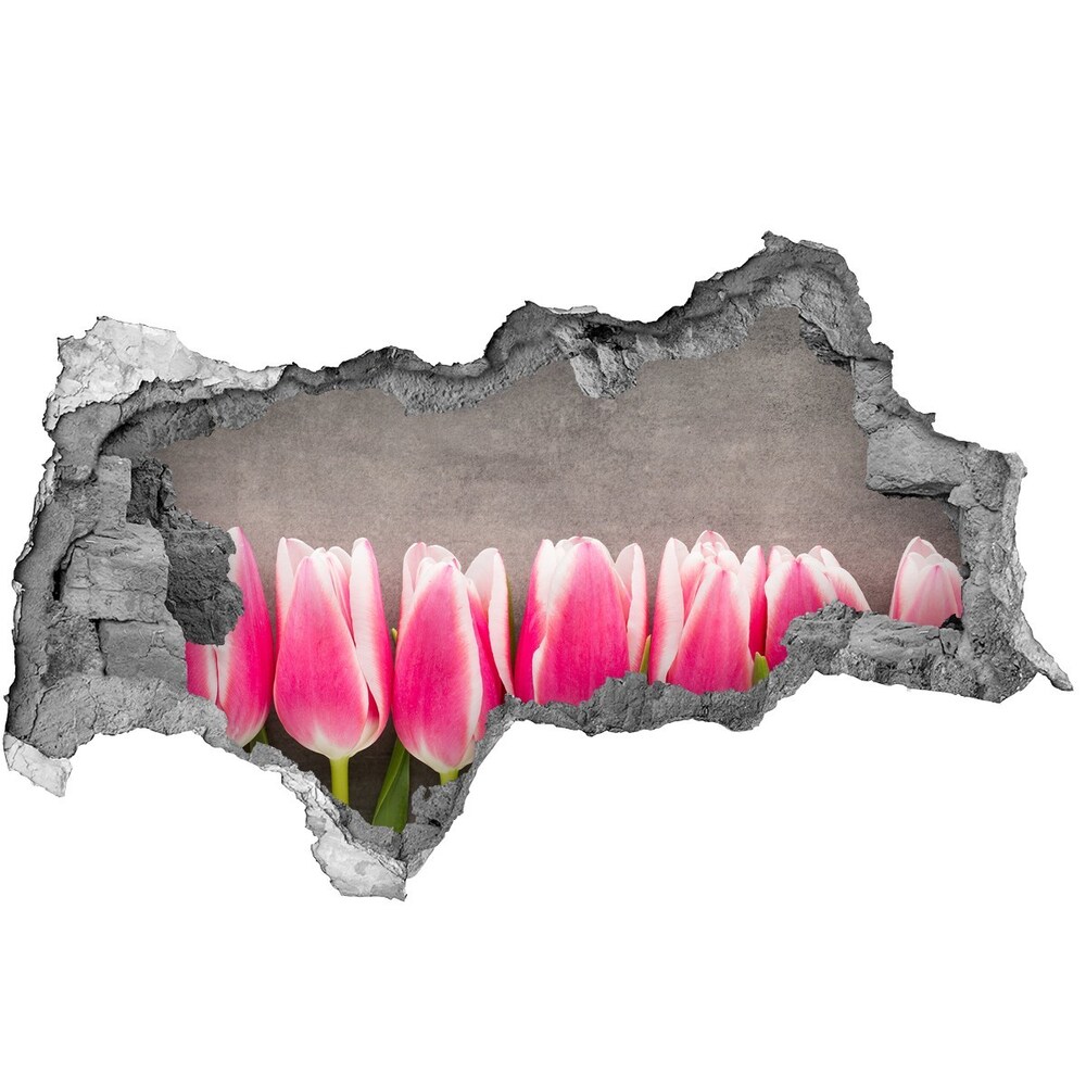 Fototapet 3D gaură în perete lalele roz