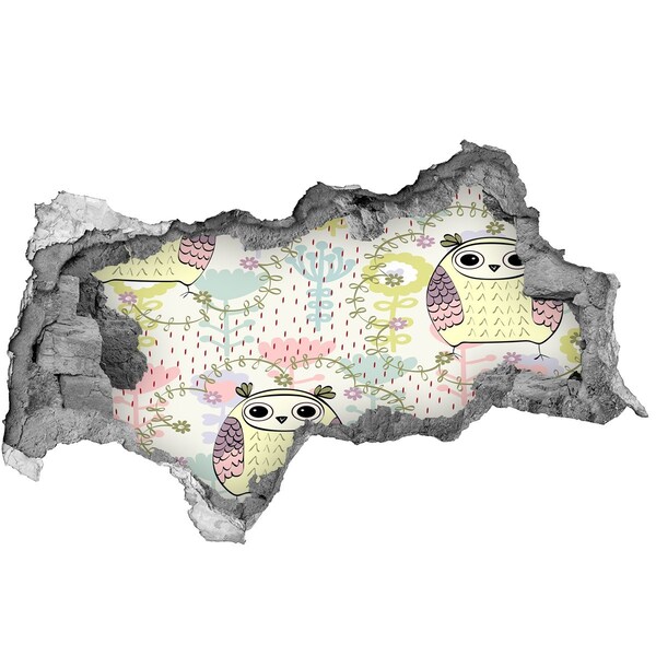 Fototapet un zid spart cu priveliște Gaură în perete cu o bufniță și flori