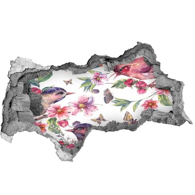 Fototapet un zid spart cu priveliște Un paradis floral cu păsări și fluturi