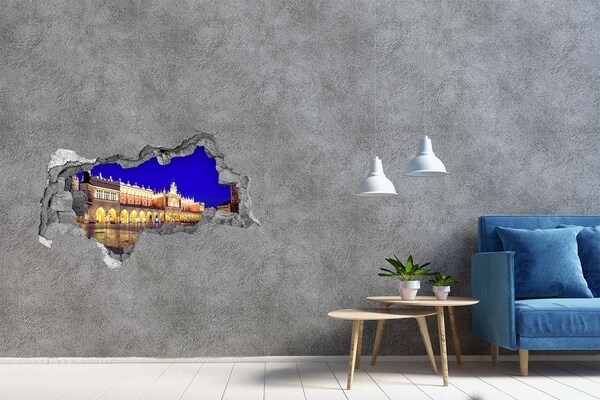 Fototapet 3D gaură în perete Piața Principală din Cracovia noaptea