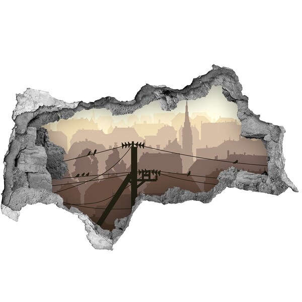 Autocolant de perete gaură 3D Vedere a orașului printr-o gaură în zid