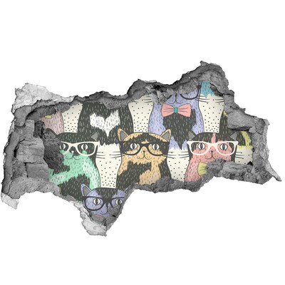 Fototapet 3D gaură în perete pisici ochelari