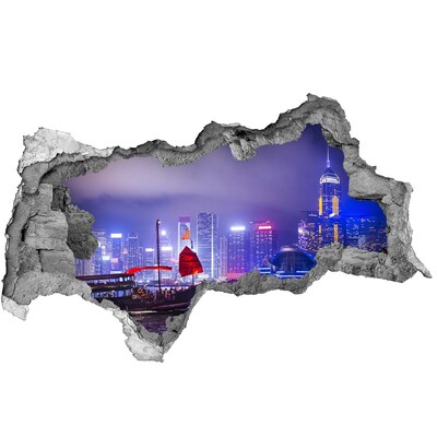 Autocolant 3D gaura cu priveliște Hong Kong pe timp de noapte