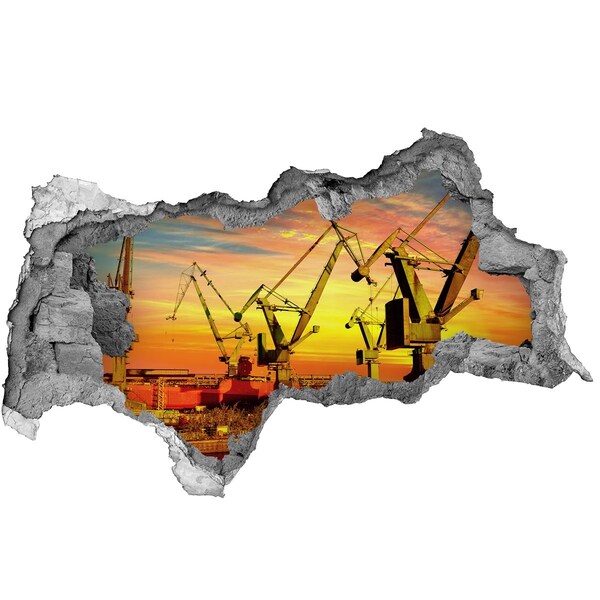 Fototapet un zid spart cu priveliște Apus de soare peste port