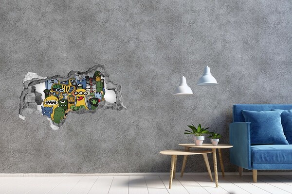 Autocolant de perete gaură 3D Monștri colorați într-o gaură în perete