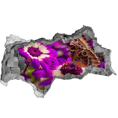 Fototapet 3D gaură în perete Fluture pe flori într-o gaură din perete