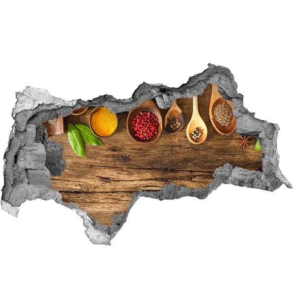 Autocolant de perete gaură 3D Condimente de bucătărie pe un blat de lemn