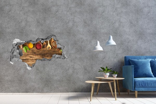 Autocolant de perete gaură 3D Condimente de bucătărie pe un blat de lemn