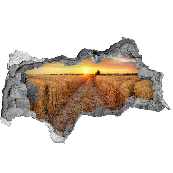 Autocolant 3D gaura cu priveliște Apus de soare auriu peste un câmp de cereale