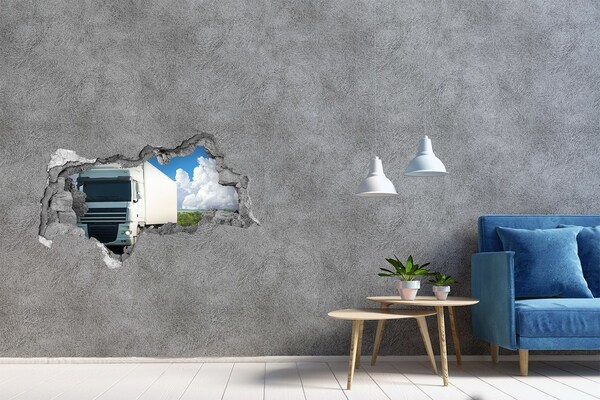 Autocolant de perete gaură 3D Un camion pe șosea printr-o gaură în perete