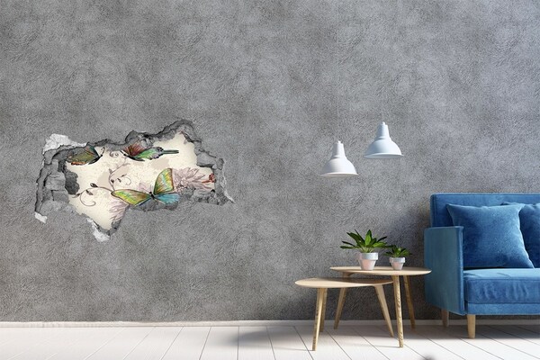 Autocolant 3D gaura cu priveliște Fluturi într-un zid ruinat