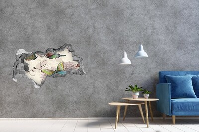 Autocolant 3D gaura cu priveliște Fluturi într-un zid ruinat