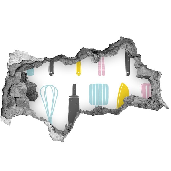 Fototapet un zid spart cu priveliște Ustensile de bucătărie într-o gaură în perete