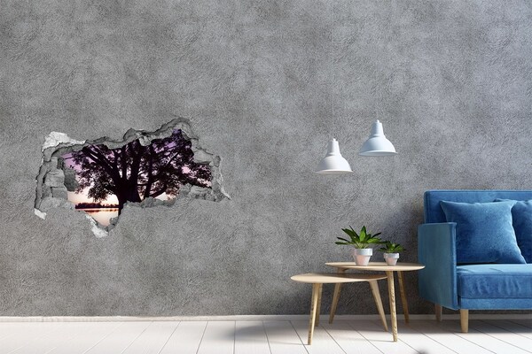 Autocolant 3D gaura cu priveliște Apus de soare în spatele copacului