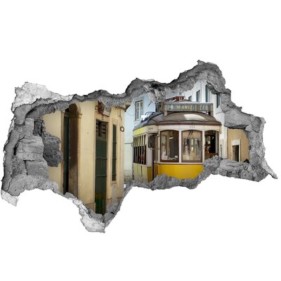 Autocolant 3D gaura cu priveliște Un tramvai galben pe o stradă îngustă