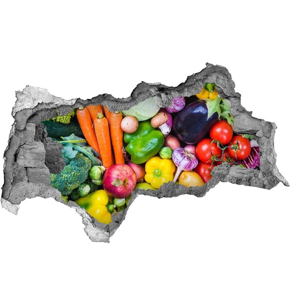 Autocolant un zid spart cu priveliște Legume și fructe colorate într-o gaură în perete