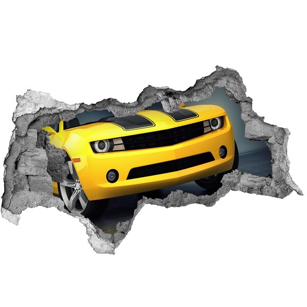 Fototapet un zid spart cu priveliște Un perete distrus cu o mașină galbenă