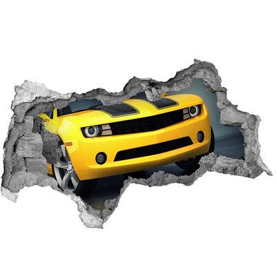 Fototapet un zid spart cu priveliște Un perete distrus cu o mașină galbenă