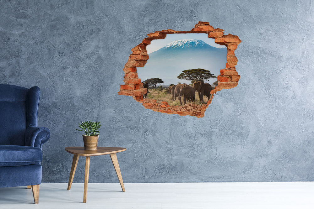 Fototapet un zid spart cu priveliște elefanți Kilimanjaro