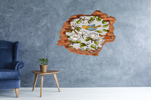 Fototapet un zid spart cu priveliște Paradisul florilor cu o pasăre