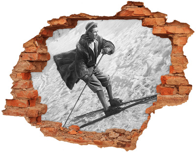 Autocolant de perete gaură 3D Schior de iarnă în stil retro