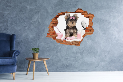 Autocolant 3D gaura cu priveliște Un Yorkshire Terrier dulce cu o fundă roz
