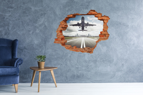 Fototapet 3D gaură în perete avionul decolează