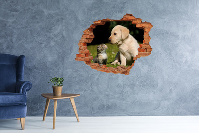 Autocolant autoadeziv gaură Câine și pisică pe pajiște