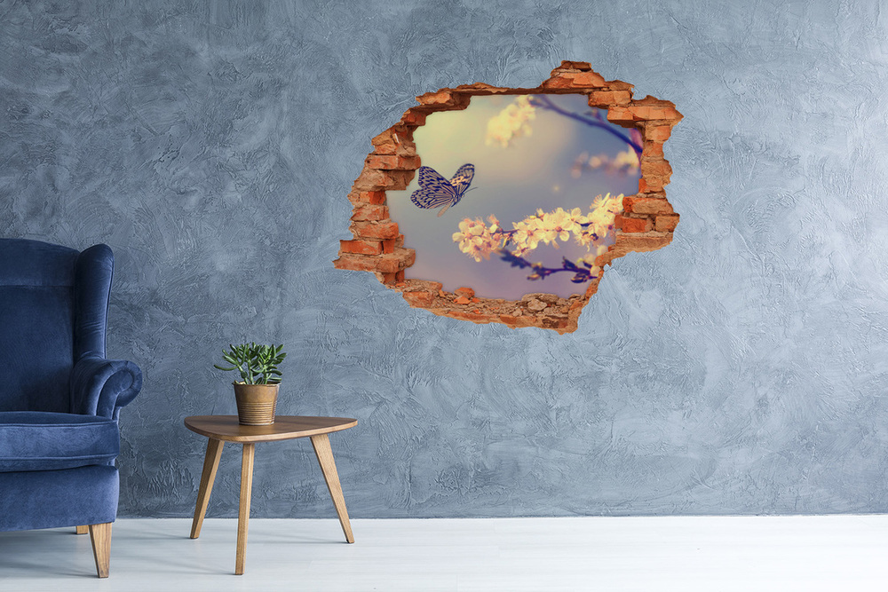 Fototapet 3D gaură în perete Floare de cireș și fluture
