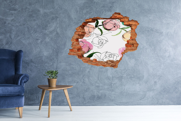 Fototapet un zid spart cu priveliște O pictură florală în spatele unui perete deteriorat