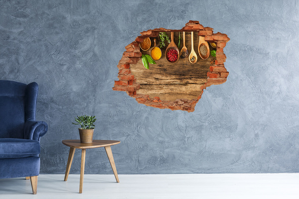 Autocolant de perete gaură 3D Condimente de bucătărie pe un blat de lemn