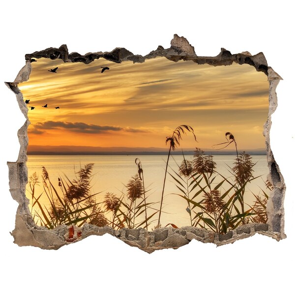 Fototapet un zid spart cu priveliște Apus de soare peste lac