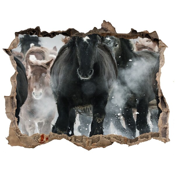 Autocolant 3D gaura cu priveliște Cai galopând prin zid