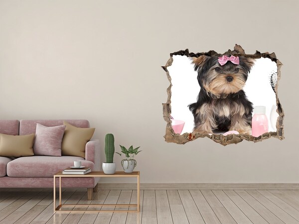 Fototapet un zid spart cu priveliște Un Yorkshire Terrier dulce cu o fundă roz