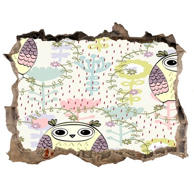 Autocolant un zid spart cu priveliște Gaură în perete cu o bufniță și flori